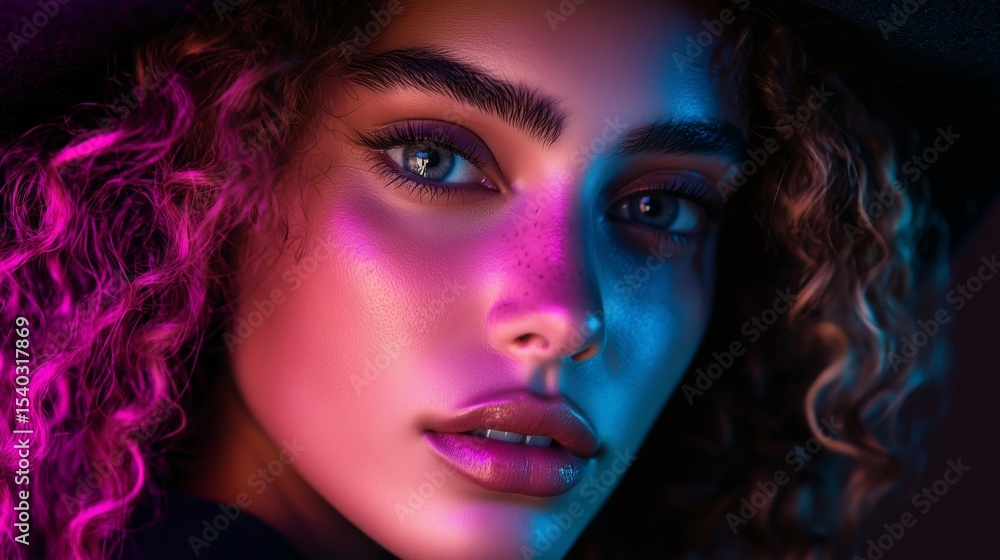 Stunning portrait of a young woman with curly hair illuminated by colorful neon lights at night Stunning portrait of a young woman with curly hair illuminated by colorful neon lights at night