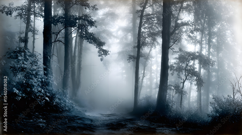 Fototapeta premium A vintage postcard-style photograph of a forest at dawn, shrouded in mist with soft light seeping through the fog, creating an atmospheric and mystical scene.