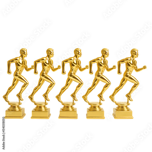 Set of Golden Running Man Award Trophies for Athletics isolated on transparent background