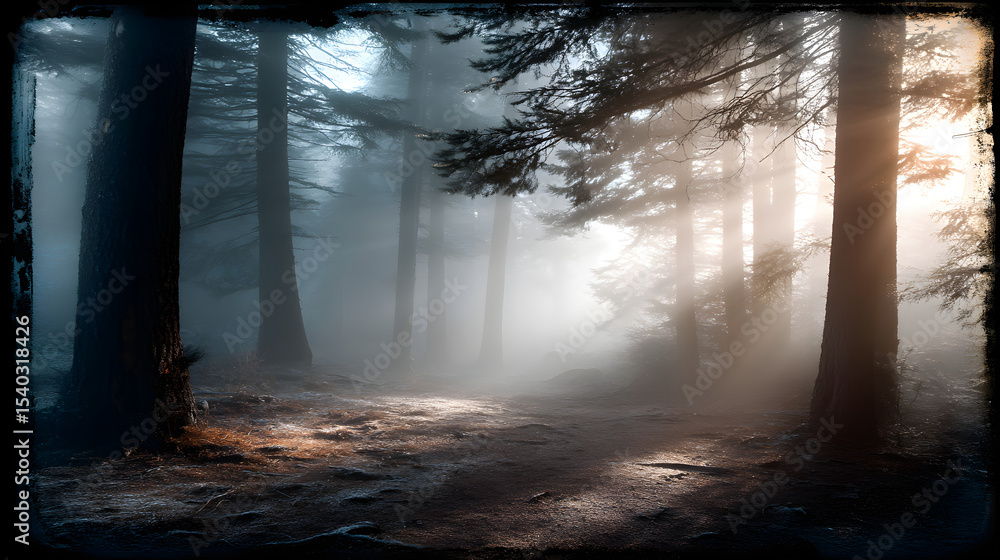 Naklejka premium A vintage postcard-style photograph of a forest at dawn, shrouded in mist with soft light seeping through the fog, creating an atmospheric and mystical scene.