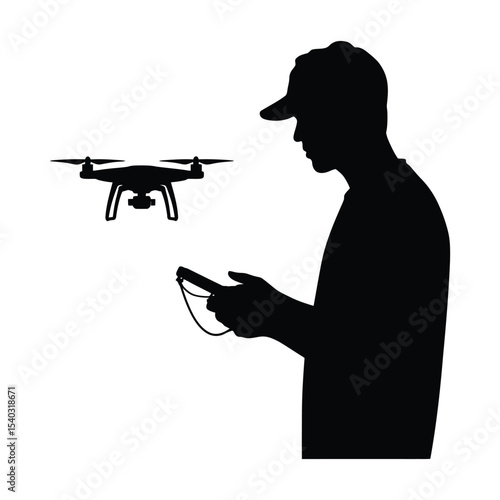 Silhouette of a man operating a drone isolated on white background