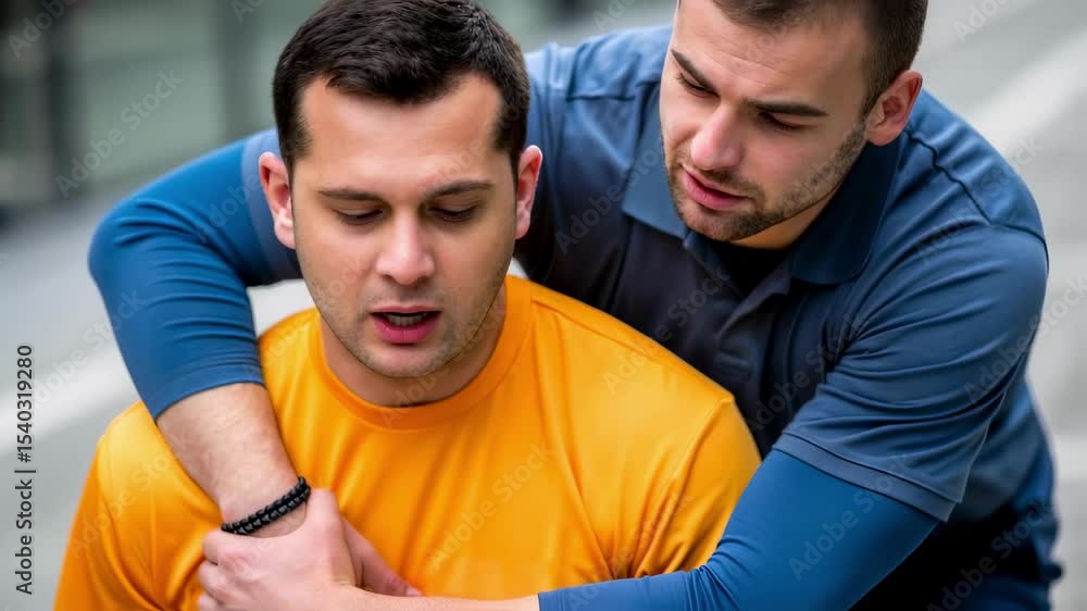 Paramedic performing heimlich maneuver on choking man outdoors Paramedic performing heimlich maneuver on choking man outdoors