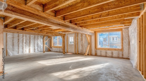 Unfinished basement with wood beams and plastic sheeting under warm light