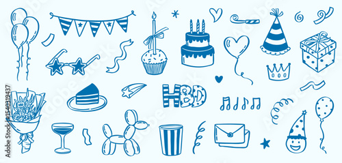 birthday party doodle illustration - hand drawn sketch collection set