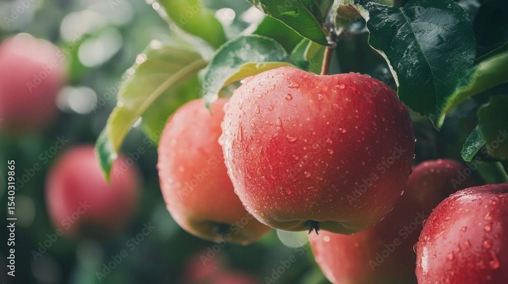 Obraz premium Fresh red apples arranged on rustic wooden surface with soft natural light and warm autumn background, perfect for seasonal food and healthy eating concepts