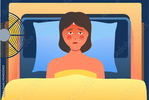 Woman lying in bed and looking uncomfortable due to summer heat, with a fan nearby, illustrating the struggle of staying cool during hot weather