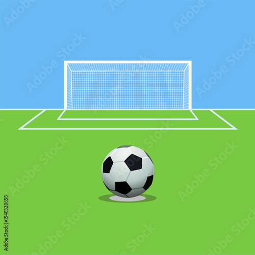 soccer ball on penalty kick mark in front of football goal on blue background