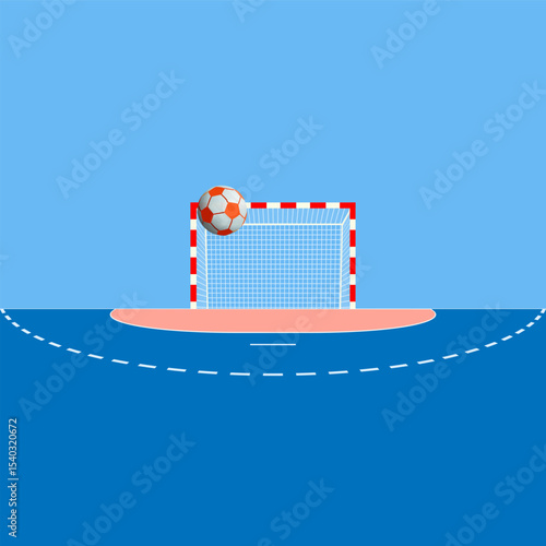 handball ball flying towards handball goal over playing field on blue background