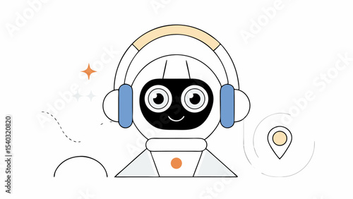 Friendly Robot with Headphones and Location Pin