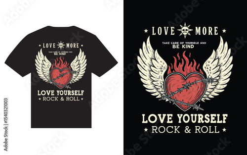 Flamed heart with wings t shirt design.