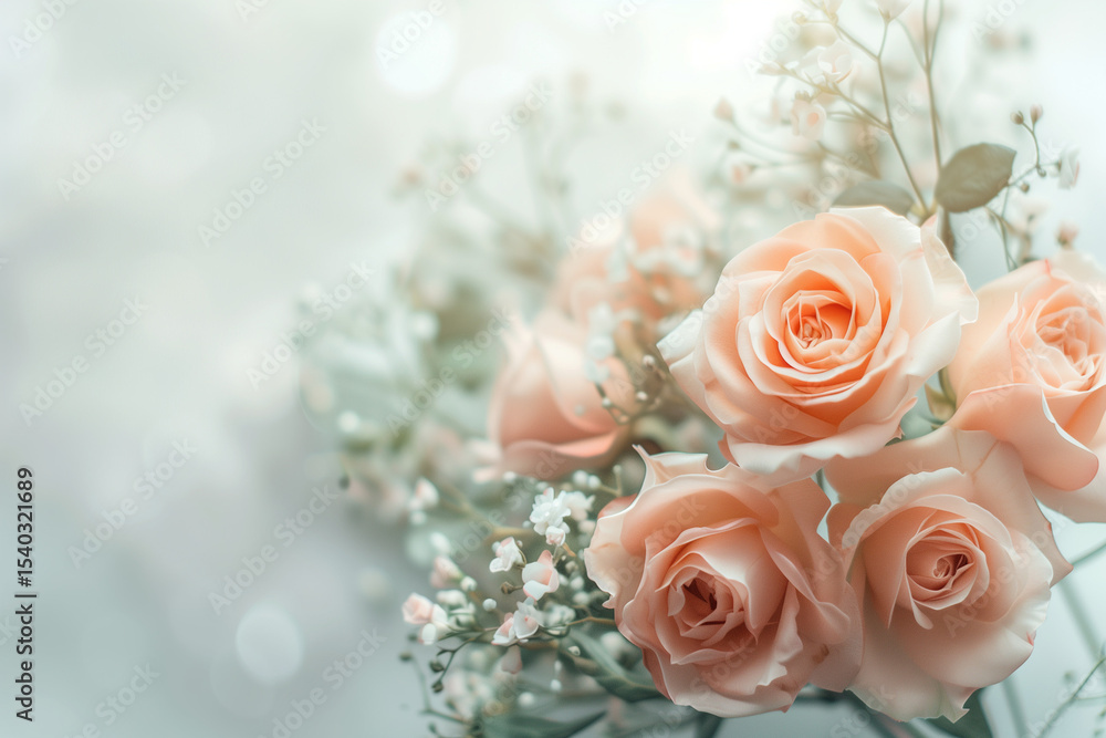 Beautiful soft pink roses are elegantly arranged with white filler flowers against a light backdrop Beautiful soft pink roses are elegantly arranged with white filler flowers against a light backdrop