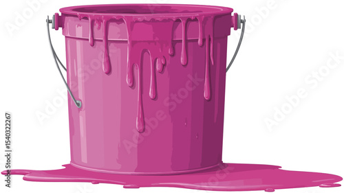 Close-up illustration of a metallic pink paint bucket with paint dripping down the sides and spilling onto a surface below. The paint is a vibrant, glossy pink with variations in shade, suggesting