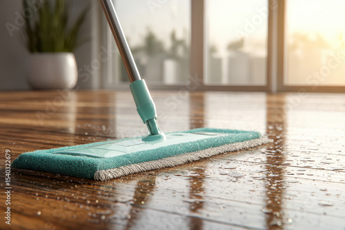 Wallpaper Mural Flat mop cleaning shiny wooden floor with natural light reflections in modern indoor home Torontodigital.ca