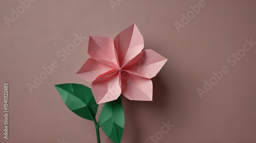 Delicate pink origami flower with a green stem and leaves, crafted from paper. The flower showcases the intricate art of Japanese paper folding. Isolated on transparent background,generative.ai