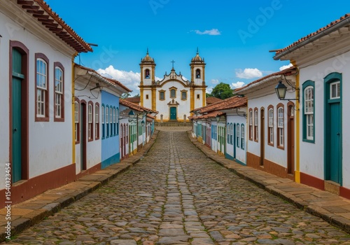 Rua de paralelepípedos com casarões coloridos e igrejas na cidade histórica de Ouro Preto