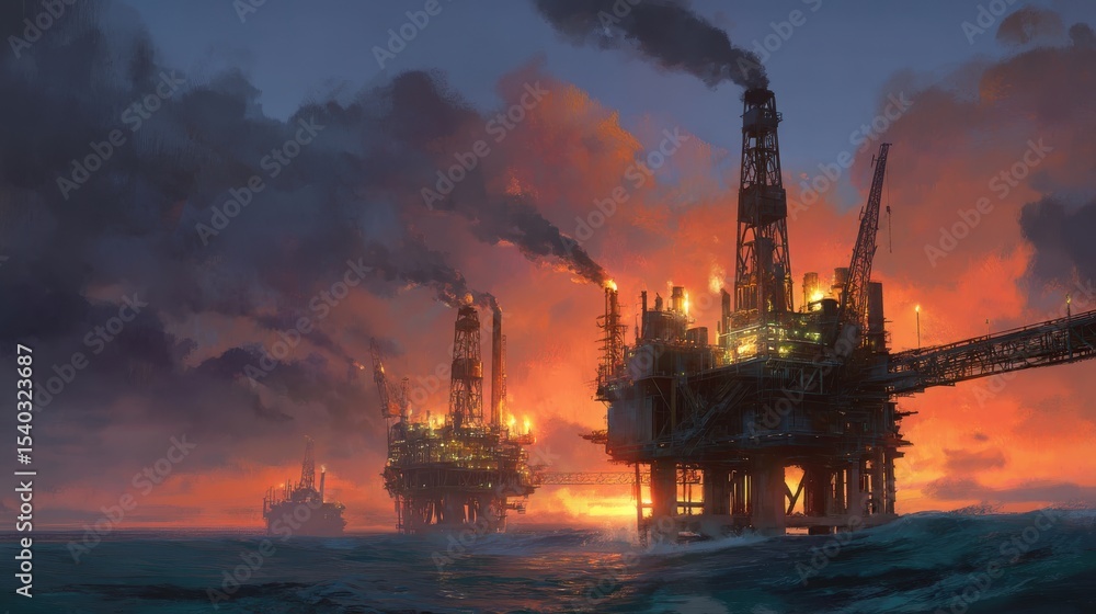 Obraz premium Offshore oil platform on stormy ocean at sunset with smoke and dramatic sky