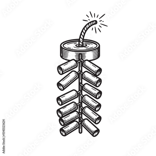 Detailed vintage art silhouette illustration of a firecracker bundle with lit fuse and fireworks graphic