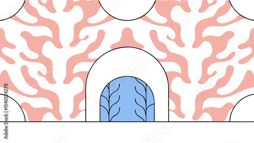 Abstract Archway with Coral Pattern and Blue Landscape