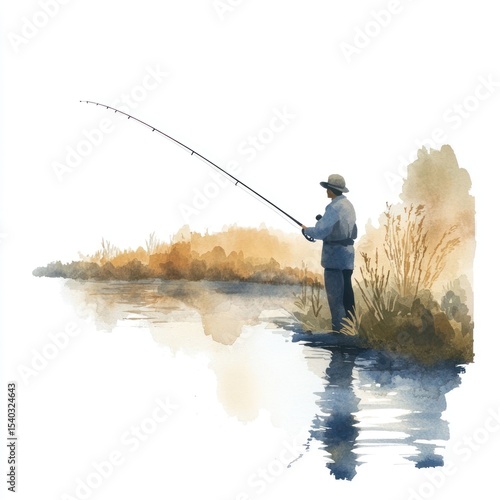 A serene watercolor painting of a fisherman