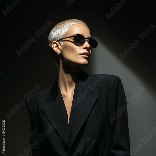 Luxury fashion businesswoman in sleek black suit, minimalist hairstyle, luxury sunglasses, high-end editorial lighting, fashion photography, studio background Aspect Ratio: 3:2