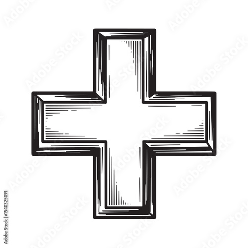 Hand drawn engraved vintage art silhouette of a plus sign cross medical symbol on white background