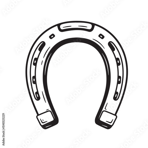 Hand drawn silhouette of a horseshoe in a vintage art style on a white background