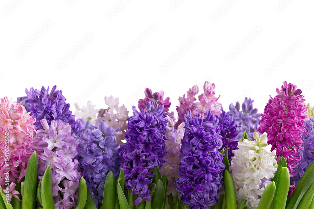 Fototapeta premium vibrant field of colorful hyacinth flowers in full bloom isolated on white background