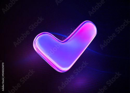 3d neon or holographic check mark icon on grid isolated background. Stock vector illustration.