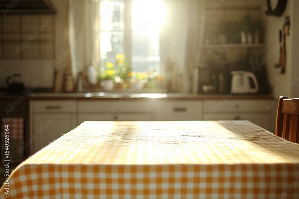 Fototapeta premium Checkered tablecloth covering kitchen table illuminated by morning sunlight streaming through window in blurred cozy kitchen