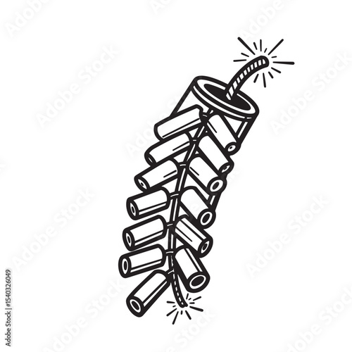 Simple black and white illustration of a lit firecracker with fuse and exploding sparks vintage art silhouette