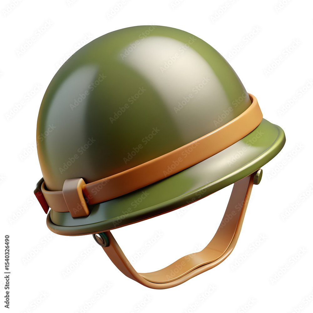 Fototapeta premium Glossy 3d rendered vintage military helmet in olive green with brown leather straps