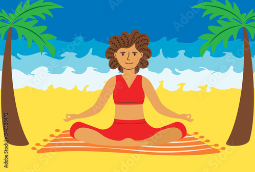 Wallpaper Mural Young woman in lotus position on the beach under palm trees Torontodigital.ca