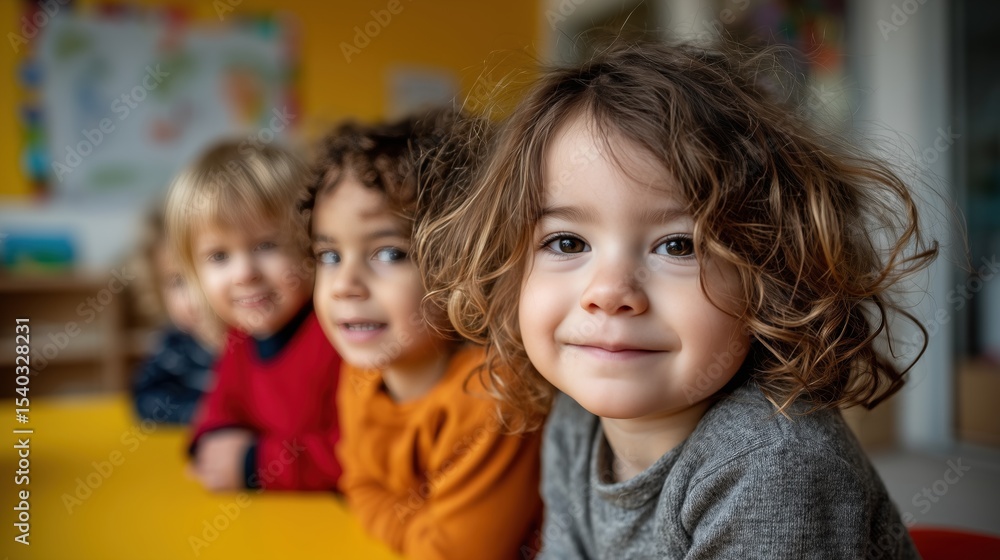 Trois jeunes enfants souriants alignes en milieu scolaire Trois jeunes enfants souriants alignes en milieu scolaire