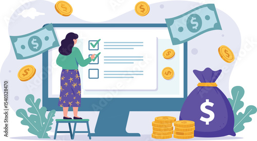 Online Financial Planning and Money Management with Digital Tools and Cash Flow Visualization flat vector illustration
