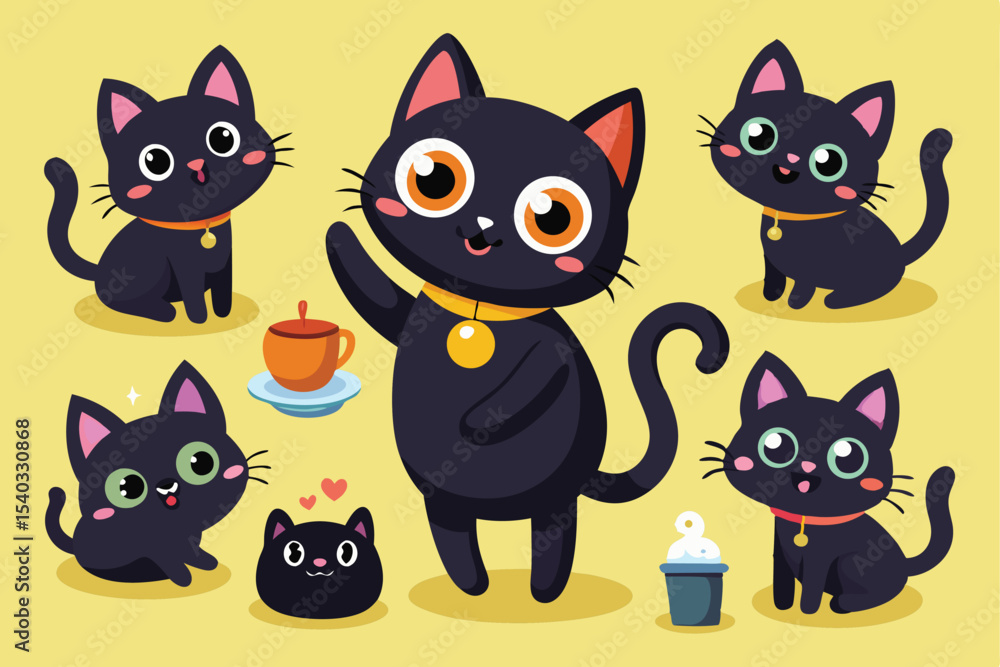 Fototapeta premium A collection of five adorable cartoon black cats in different poses.