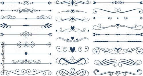 Collection of decorative dividers and flourishes with hearts and floral elements in a vector format