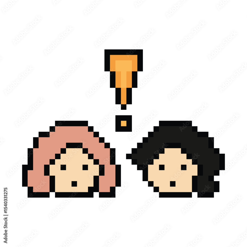 Obraz premium Cute pixel cartoon character woman notice with exclamation mark decoration 8 bit female girl lady surprise idea exclamation alert cartoon pixel game 8bit png vector.