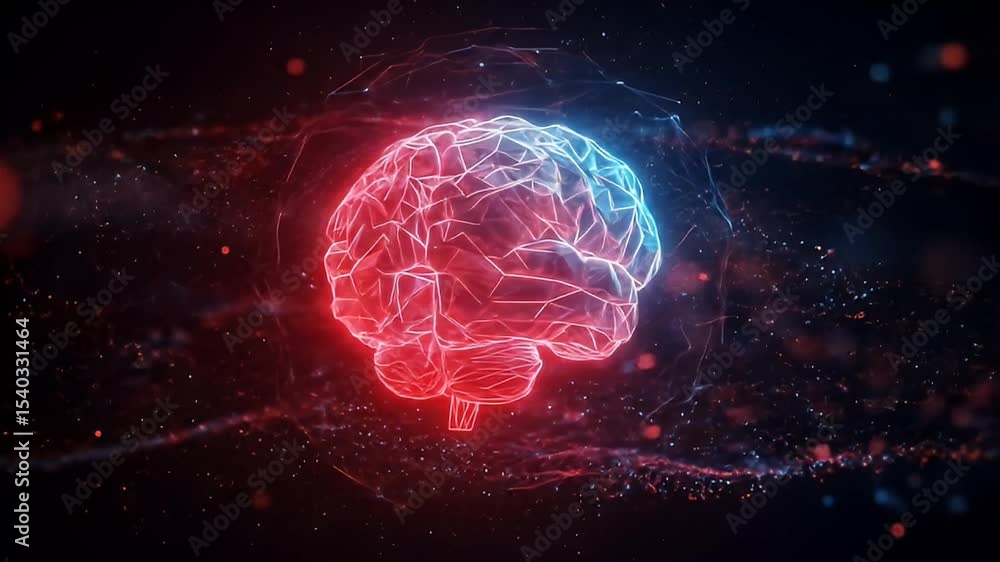 Digital Brain Depicted In Red And Blue With Glowing Lines On Dark Background Digital Brain Depicted In Red And Blue With Glowing Lines On Dark Background