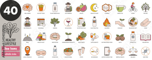 Healthy lifestyle - thin line icons set with colorful fill. Meditation, self-care, inner growth, healthy diet, sport, balance, relaxation, nature, night rest, vitamins, nutrition, vector illustration