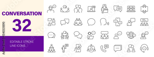 Conversation icon set. Containing chat, speech, discussion, talking, speaking, communication, interview, message, speech bubble and more. Editable line icons. Vector illustration.