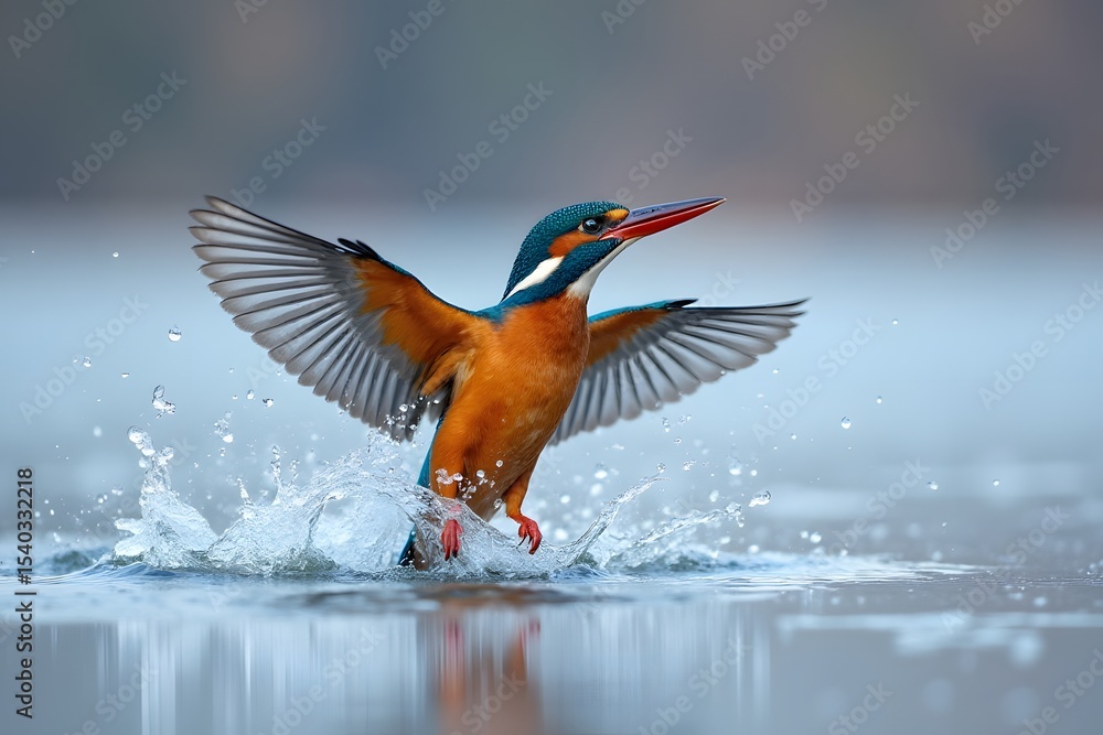 Obraz premium Kingfisher diving into still lake, splash frozen mid-air. 