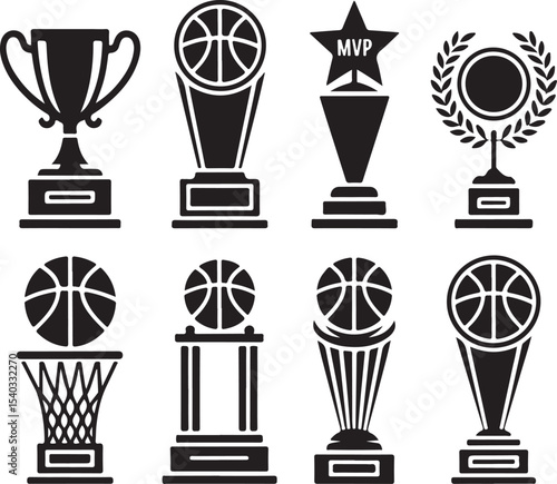 Black silhouette vector pack of 8 basketball-related trophies and medals — classic cup, MVP star, ball on pedestal, laurel medal — simple flat shapes on white background (3)