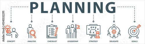 Planning banner web icon vector illustration concept with icon of concept, analysis, checklist, leadership, strategy, delegate and goals.