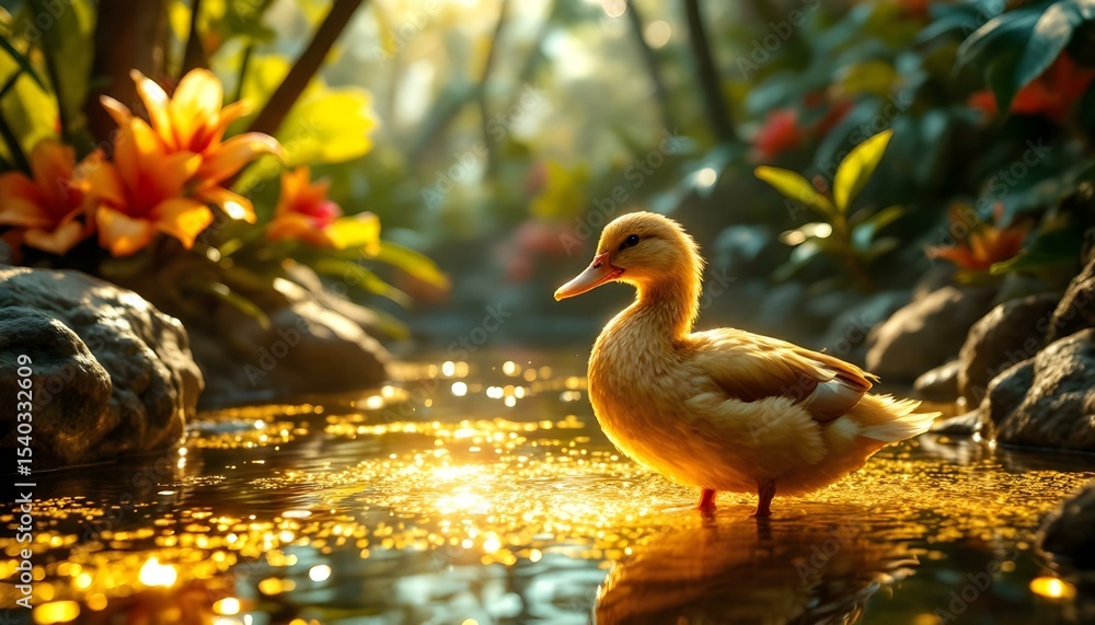 Golden duck with metallic feathers shimmering under soft light, standing on a reflective golden pond with intricate glowing patterns . Golden duck with metallic feathers shimmering under soft light, standing on a reflective golden pond with intricate glowing patterns .