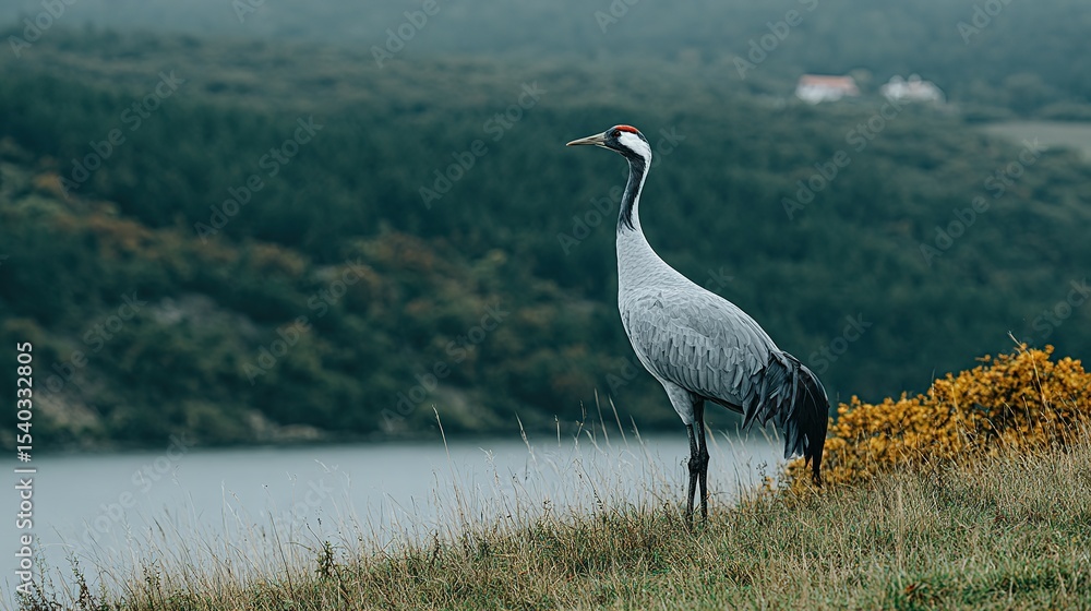 Fototapeta premium Grey crane stands on a grassy hill overlooking a lake and forest.