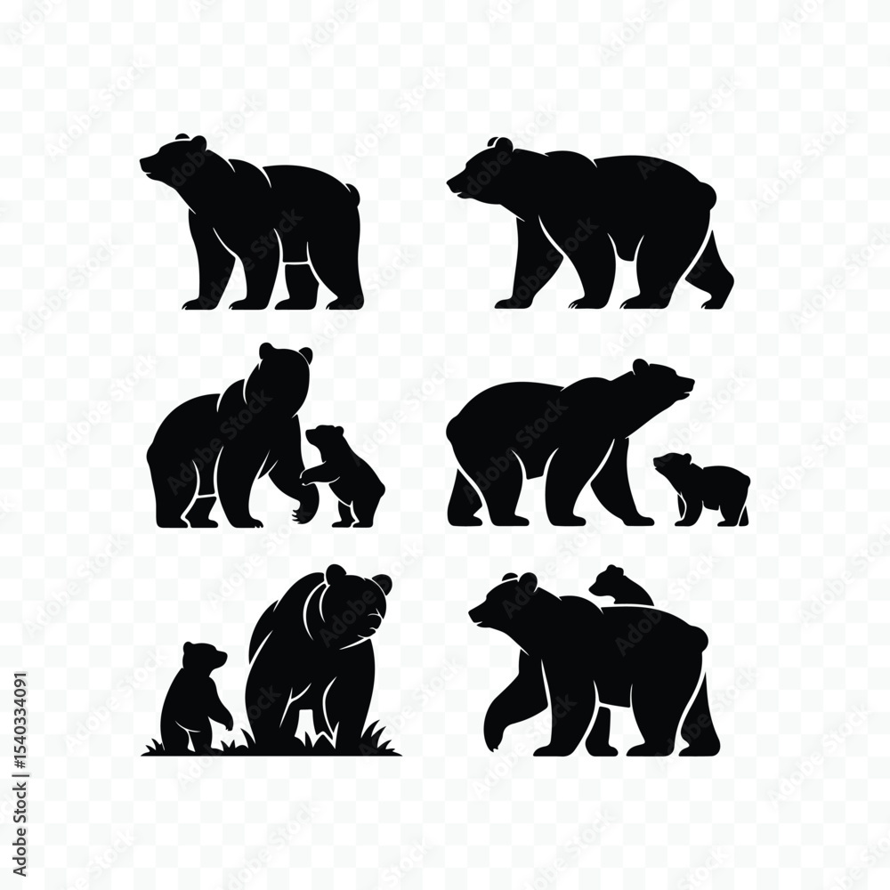 Naklejka premium Six bear silhouettes adult and cub variations