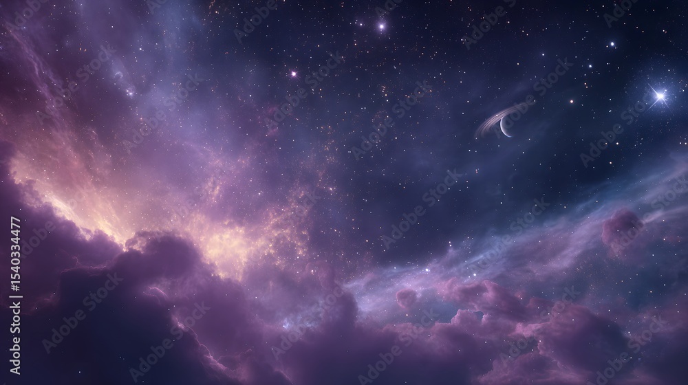 Fototapeta premium Cinematic outer space scene featuring a glowing galaxy, vibrant purple nebula, and a detailed ringed planet, perfect for sci-fi wallpaper.