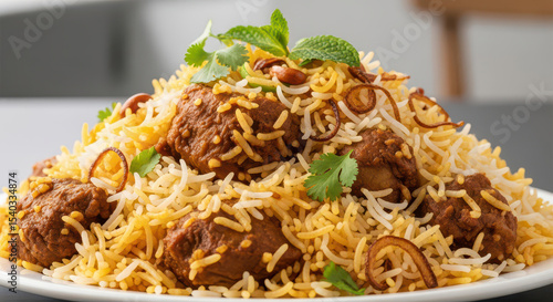 A delicious closeup of a plate of traditional Indian chicken biryani a spicy and aromatic rice dish garnished with fried onions and fresh herbs a gourmet meal perfect for restaurant menus