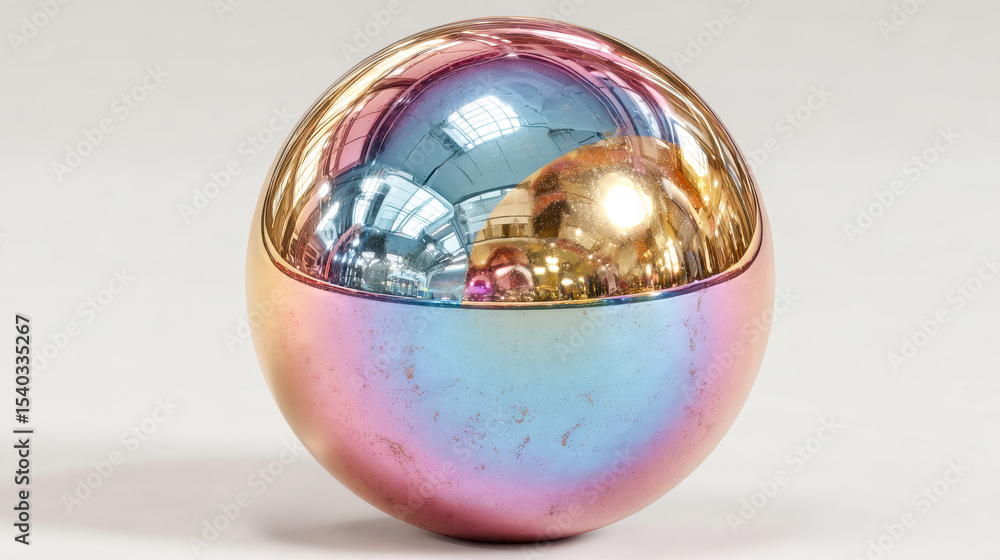 A metallic sphere lies on a cobblestone surface, vividly reflecting a mix of buildings, sky, and cosmic colors A metallic sphere lies on a cobblestone surface, vividly reflecting a mix of buildings, sky, and cosmic colors