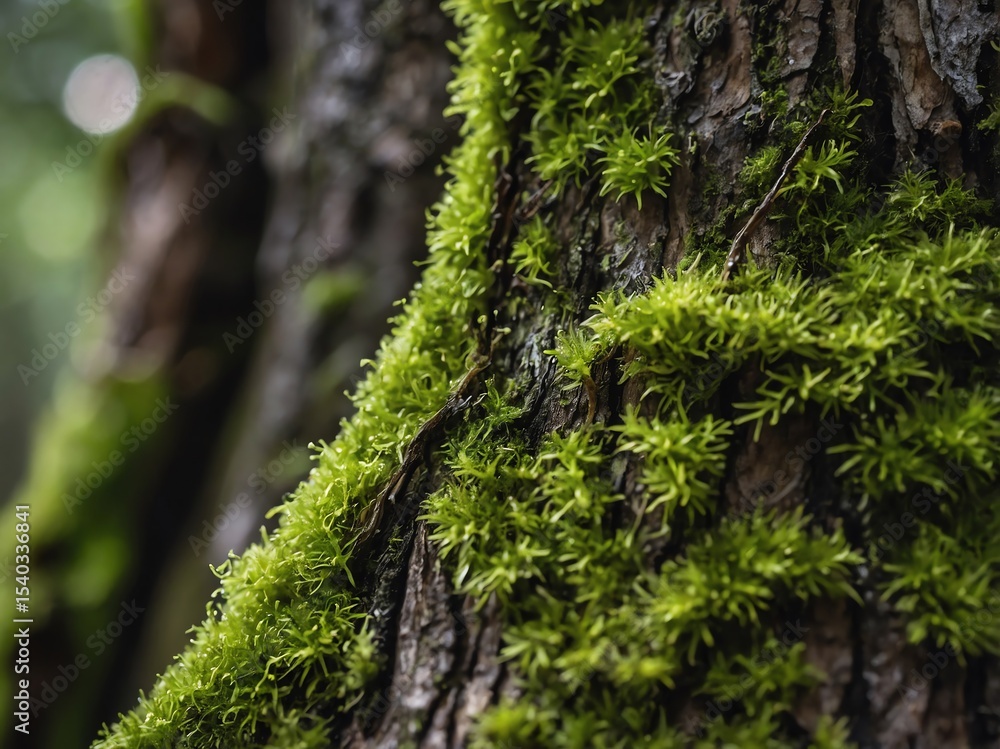 Obraz premium Macro close-up of soft green moss growing on tree bark